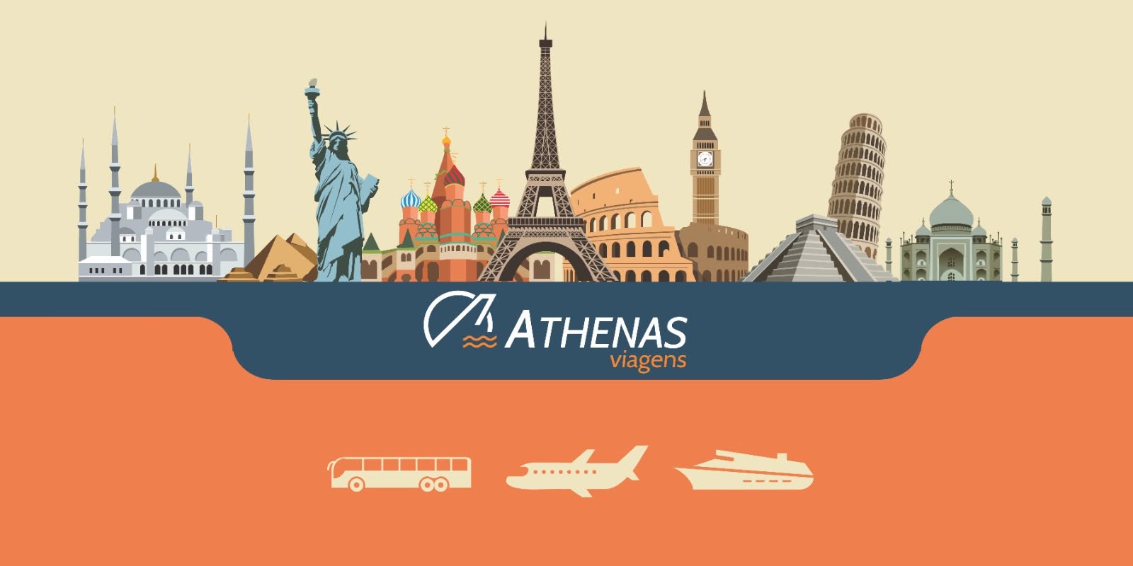 Ilustração de destinos internacionais e meios de transporte da Athenas Viagens